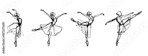 Elegant line art of ballerinas in various dance poses, minimalist black and white sketch of ballet performance, isolated with transparent background