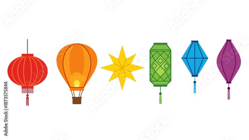 Colorful lanterns and hot air balloon in vector design for decoration