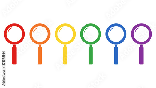 Colorful magnifying glasses arrayed on a white background for inspection