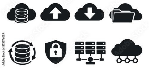 Modern cloud computing icon set featuring database, upload, download, and security for technology services