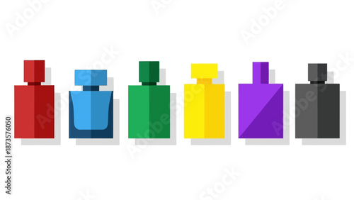 Colorful perfume bottles vibrant minimalist design on white background