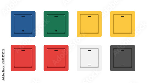 Colorful square light switches arrayed on white background isolated