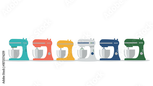 Colorful stand mixers in row against white background for design or editorial