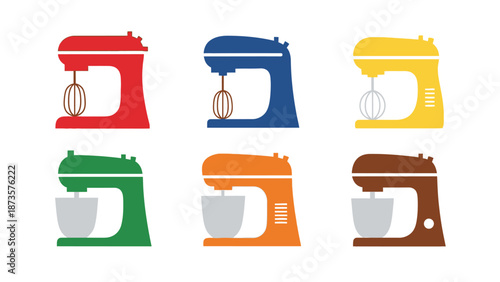 Colorful stand mixers array culinary and food preparation vector illustration
