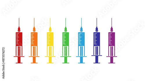 Colorful syringes in a row against a white background for medical and scientific use