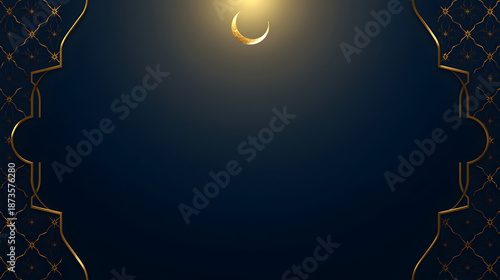 Elegant Islamic Crescent Moon with Gold Ornament on Dark Blue Background