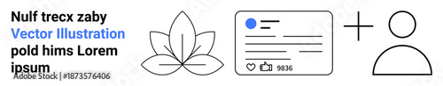 Social media branding, user interaction, content creation, personal profile, wellness, digital networking. A lotus symbol, profile card and user icons. Social media branding and user interaction