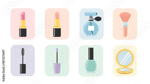 Cosmetics icons set lipstick perfume brush mascara nail polish and mirror