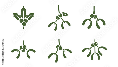 Decorative green holly and mistletoe sprigs illustrations on white background