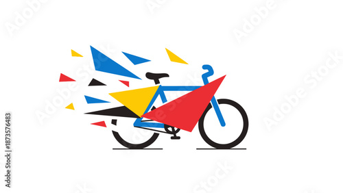 Dynamic bicycle illustration with colorful geometric design on white background