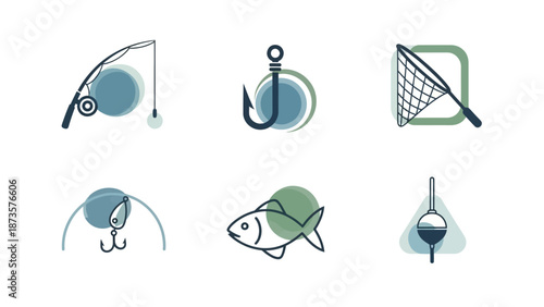 Fishing icons set depicting various fishing equipment isolated on white