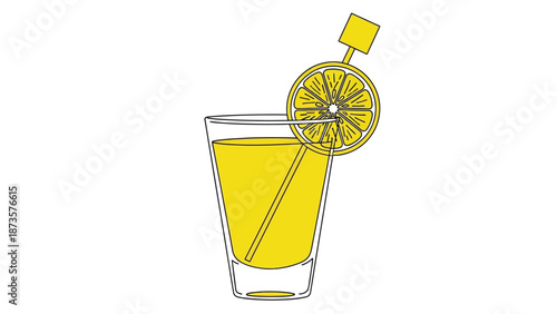 Fresh lemonade in glass with lemon slice and straw on white background