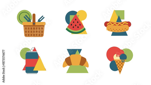 Geometric food icons set picnic basket watermelon hotdog soda croissant ice cream