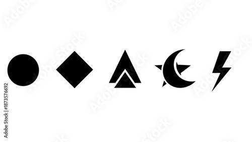 Geometric shapes arrayed in a horizontal line against a white background