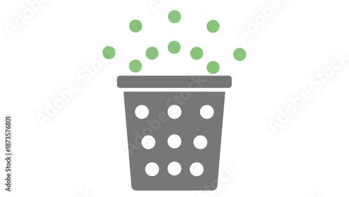 Graphic illustration of a trash can with green floating dots on white