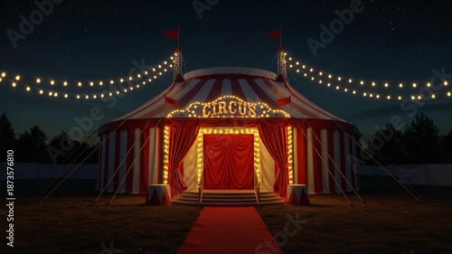 A vintage circus tent at night under starry skies