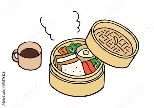 せいろに入った朝ごはんの手描きイラスト