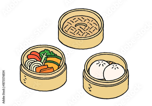 食べ物が入ったせいろの手描きイラストセット
