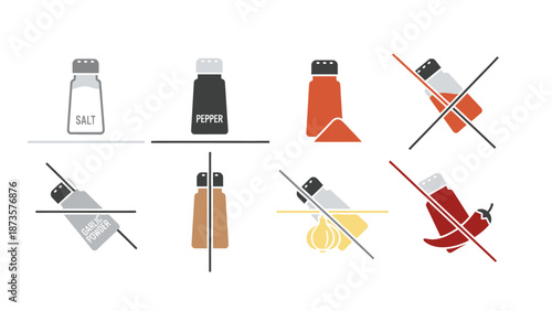 Illustrated condiments icons salt pepper garlic powder chili pepper isolated