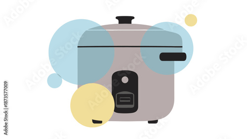 Modern rice cooker illustration with decorative bubbles on white background