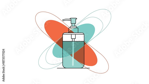 Minimalist hand sanitizer bottle with abstract shapes against a white backdrop