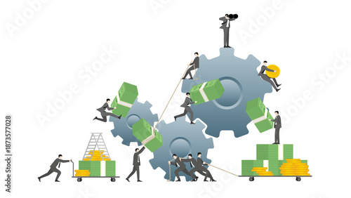 Business Teamwork and Financial Mechanism Concept with Corporate People Managing Money on Gears and Cogs Vector Illustration