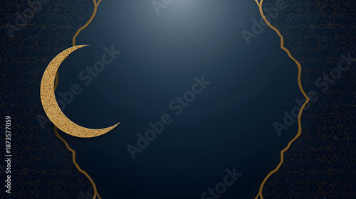 Elegant Islamic Crescent Moon with Gold Ornament on Dark Blue Background