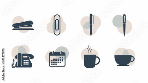 Office supplies icons stapler paperclip pens telephone calendar coffee mug