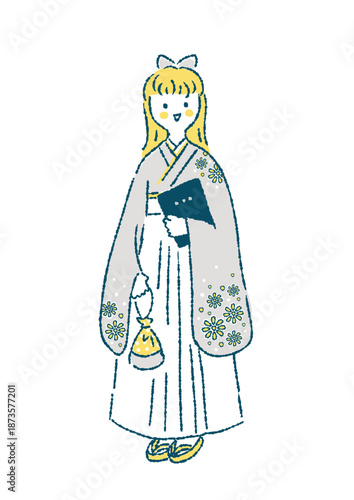卒業証書を持って羽織袴姿で立つ若い女性のイラスト