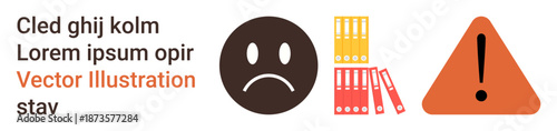 Workplace stress, organization challenges, mental health awareness, warning signs, data management, document overload. Sad face, file folders and caution sign. Workplace stress and organization