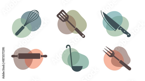 Set of kitchen utensils on abstract backgrounds for culinary themes