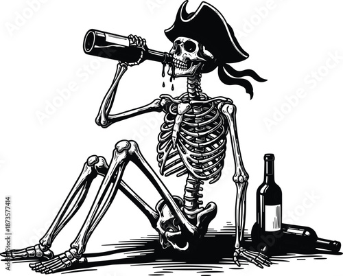 Black and white woodcut style illustration of a pirate skeleton wearing a tricorn hat sitting and drinking rum from a bottle on white background