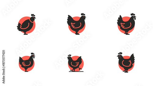 Stylized chicken silhouettes on red backgrounds for design and branding