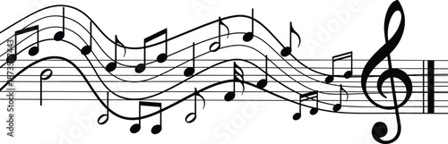 Black and white vector illustration of musical notes and treble clef flowing on a wavy staff for music theory education and artistic performance concepts