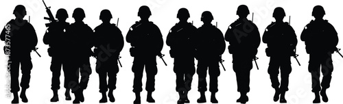 Black silhouette of a group of professional soldiers in full combat gear marching forward against a white background for military defense and security concepts