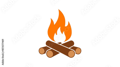 Stylized fire illustration with orange flames and brown logs on white background