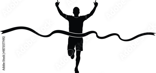 Black silhouette of a male runner crossing the finish line with arms raised in victory during a marathon race for sports and achievement concepts