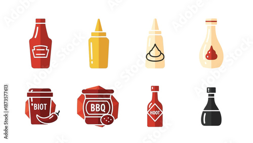 Variety of condiment bottles and jars in a flat vector illustration style