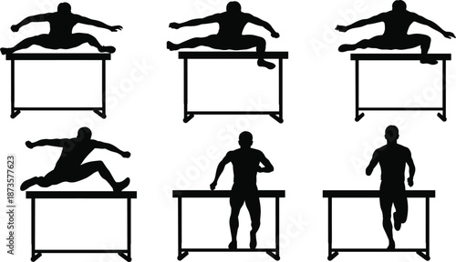 Black silhouette set of male athletes jumping over hurdles during a track and field competition for sports fitness and olympic hurdle racing concepts