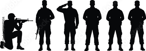 Black silhouette set of professional soldiers in various poses including saluting aiming rifle and standing on white background for military and defense concepts