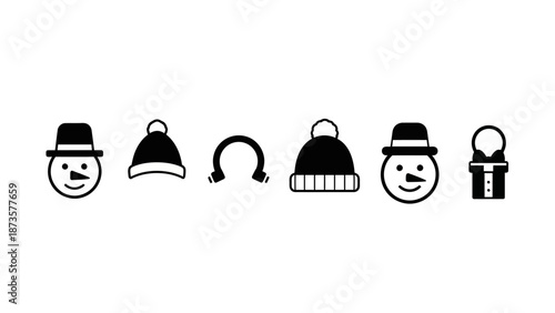 Winter icon set snowman faces and festive headwear line art illustrations