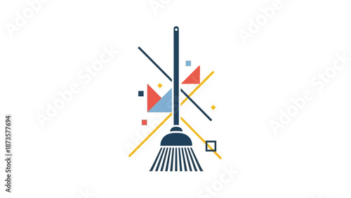 Abstract artwork of a broom with geometric elements on a white background