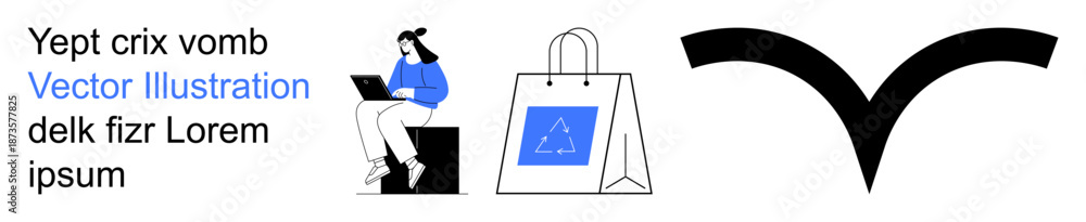 Fototapeta premium E-commerce, freelancing, branding, digital design, online marketing, retail shopping. Person using a laptop, shopping bag icon abstract symbol. E-commerce and freelancing concepts