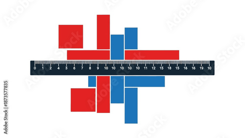 Abstract geometric composition with ruler and colorful blocks on white