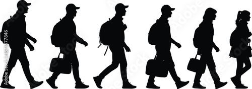 Large set of black silhouettes featuring men and women walking with backpacks and laptop bags for travel commuting business and lifestyle adventure concepts