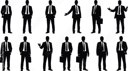 Large set of black silhouettes featuring professional businessmen in suits and ties standing and walking with briefcases for corporate office and executive leadership concepts