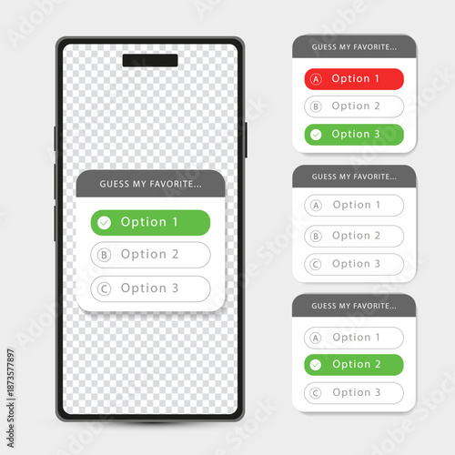 Modern smartphone mockup with social media interactive stickers for quizzes and polls. Set of "Guess My Favorite" UI elements for stories with multiple choice options and checkmarks. Vector design.