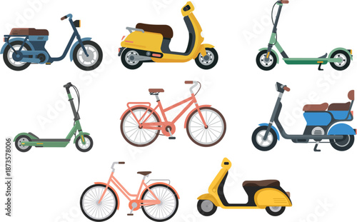 Collection of modern electric scooters motorbikes and bicycles for eco friendly city transportation and urban personal mobility
