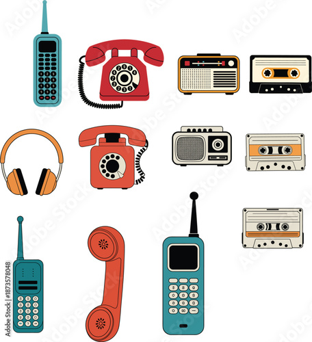 Collection of vintage retro electronics icons including old rotary telephones mobile phones radio sets cassette tapes and headphones for nostalgia design projects