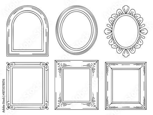 Collection of six ornate vintage picture frames in sketch style.